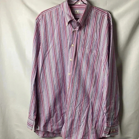 PETER MILLAR MENS SIZE 17/43 COTTON LONG SLEEVE SHIRT PINK  PURPLE NAVY STRIPES - Picture 2 of 14